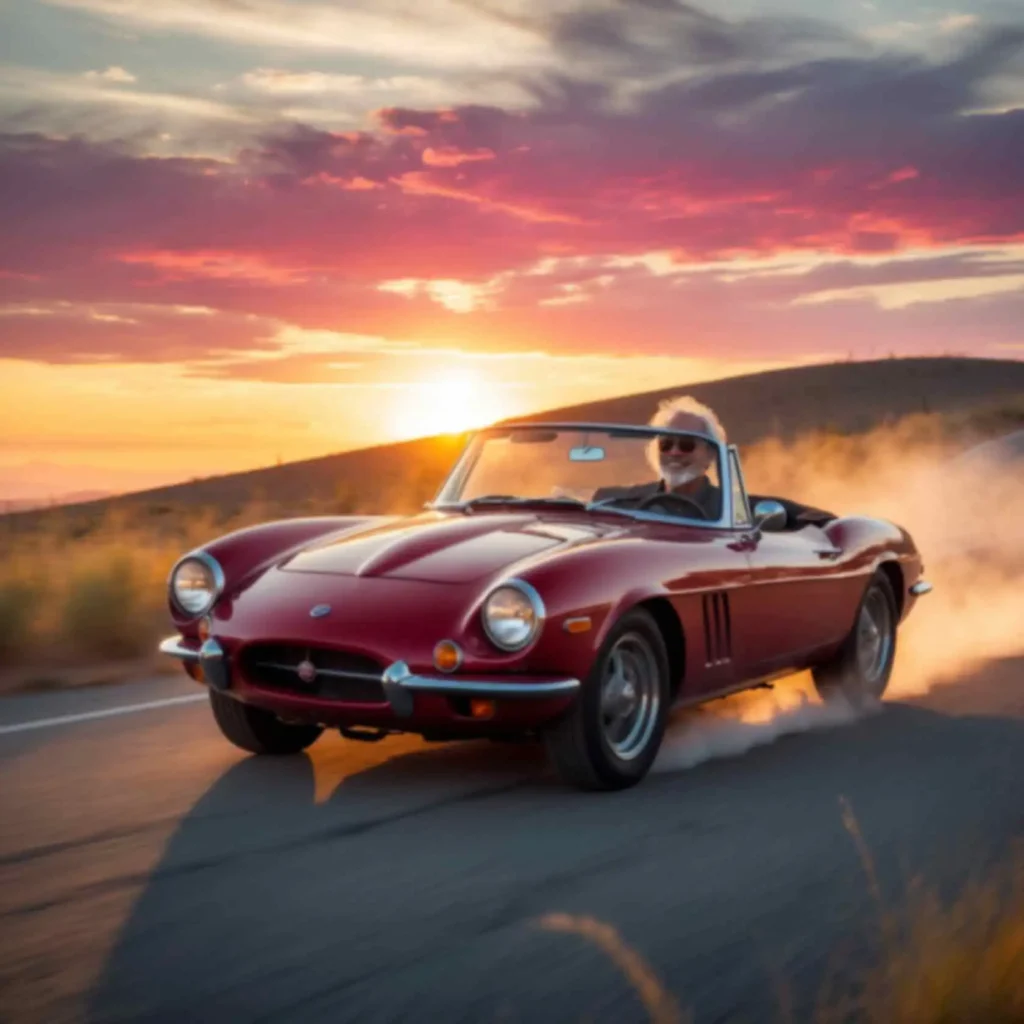 classic car driving towards sunset