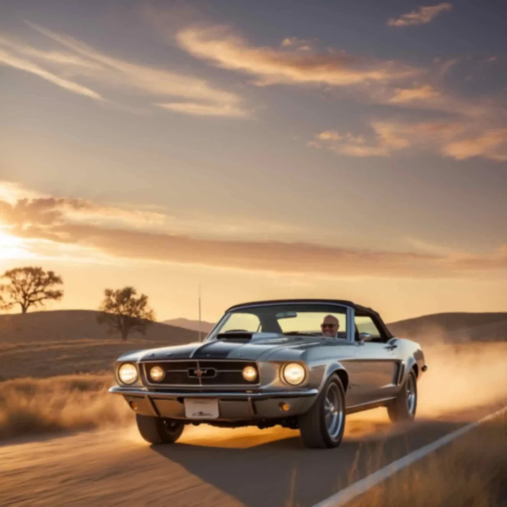 classic car driving towards sunset